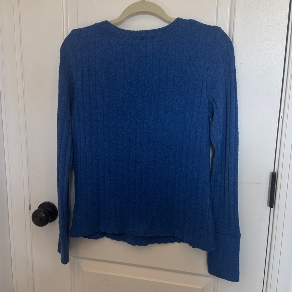 We the Free Ribbed Henley Button-Front Sweater in Cobalt Blue - Picture 7 of 8